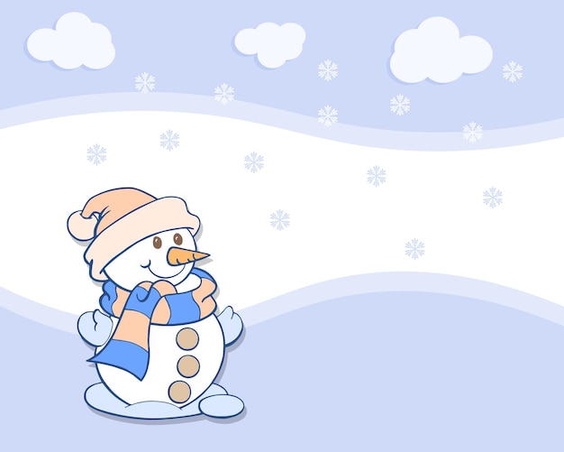 雪の背景にスカーフと帽子をかぶったかわいい雪だるま。イラスト、はがき、ベクター