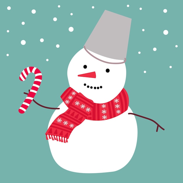 Simpatico pupazzo di neve in una sciarpa con caramelle illustrazione vettoriale semplice e moderna