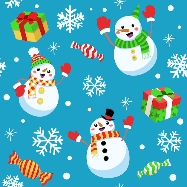 Cute Snowman Seamless Pattern with Snowflakes
