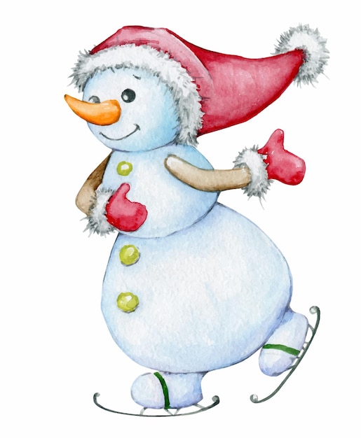 Cute snowman skating skating watercolor clipart for the christmas holiday