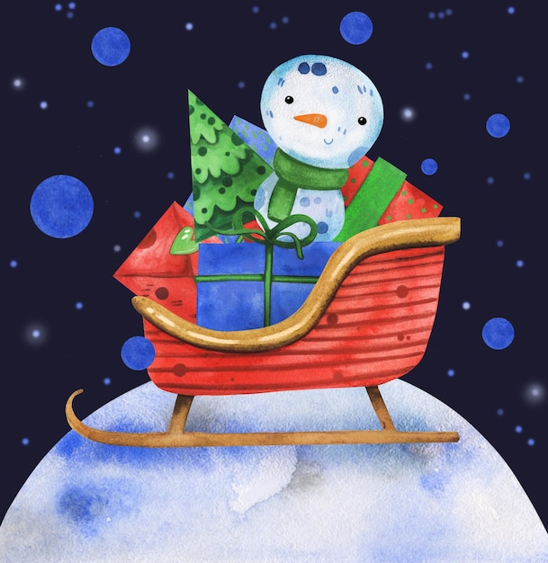 Vector cute snowman watercolor hand drawn  santa sleigh with presents.