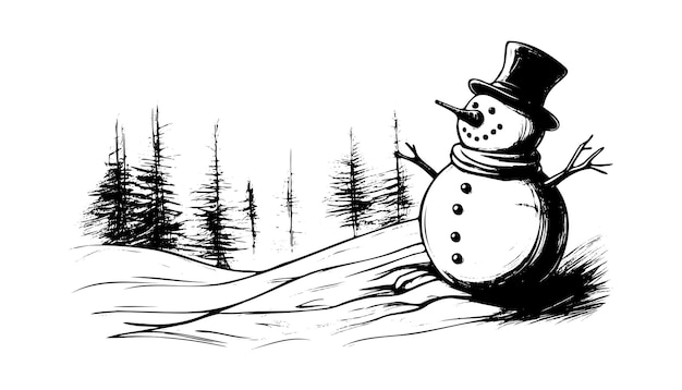 Вектор Симпатичный снеговик в шляпе санта-клауса, рождественский эскиз на белом фоне, не созданный ai