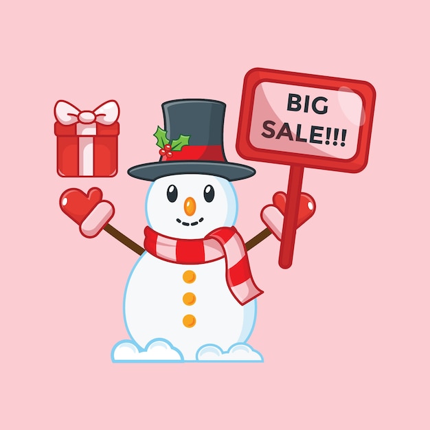 Cute snowman with sale board and holding gift