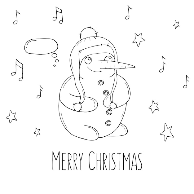 별과 흰색 배경에 메모가 있는 귀여운 눈사람 낙서 스타일의 벡터 일러스트 겨울 분위기 안녕하세요 2023 메리 크리스마스와 새해 복 많이 받으세요