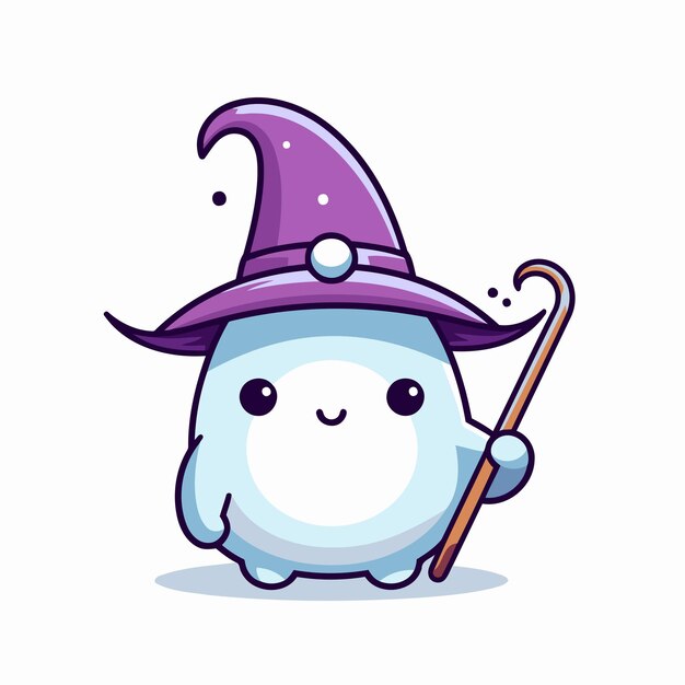 cute snowman with witch hat and magic wand vector illustration design