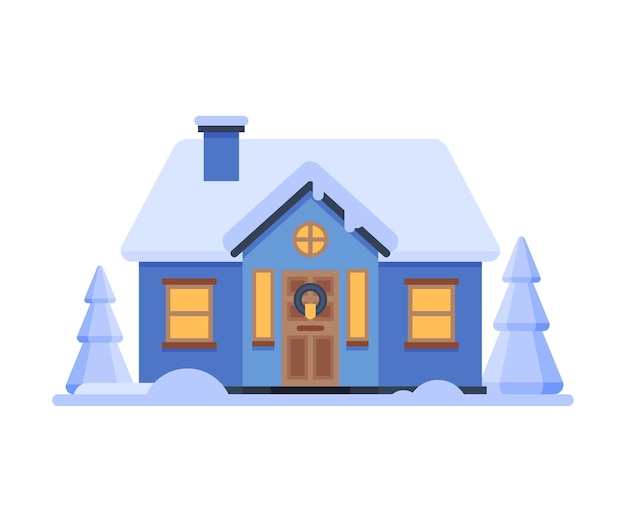 Vector cute snowy blue house suburban winter cottage building with glowing windows vector illustration