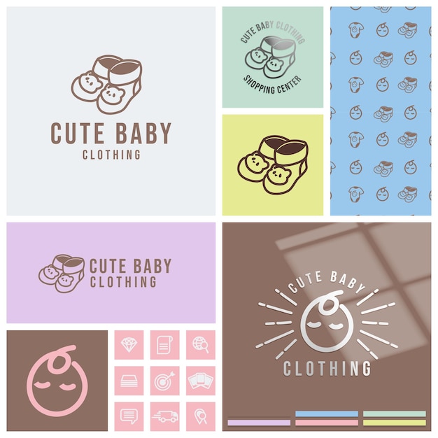 Cute socks baby logo clothing with seamless pattern set