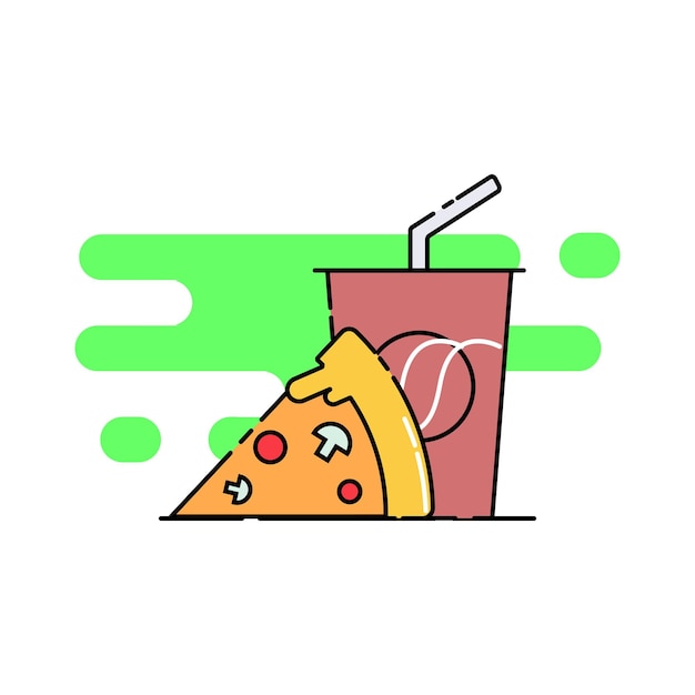 Vector cute soda cold drink with slice pizza cartoon style vector icon illustration