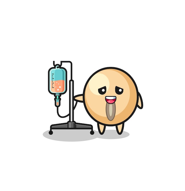 Cute soy bean character standing with infusion pole