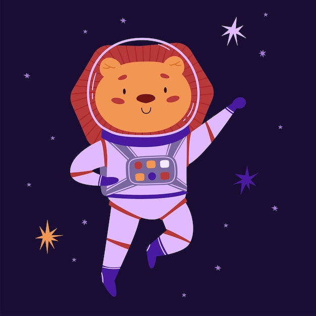 귀여운 우주 동물 벡터 삽화 우주 공간에서 재미있는 포즈를 취한 사자 우주 비행사
