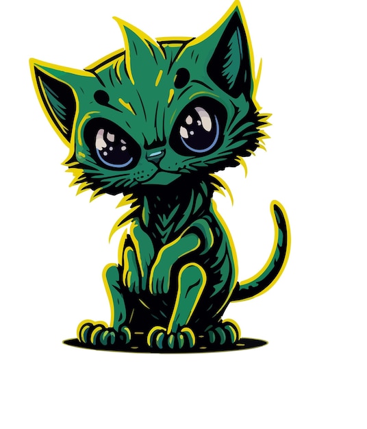 Cute space cat sticker Alien kitten in flat cartoon style