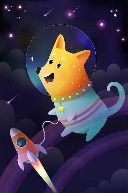 子供のための宇宙のかわいい宇宙犬と宇宙船