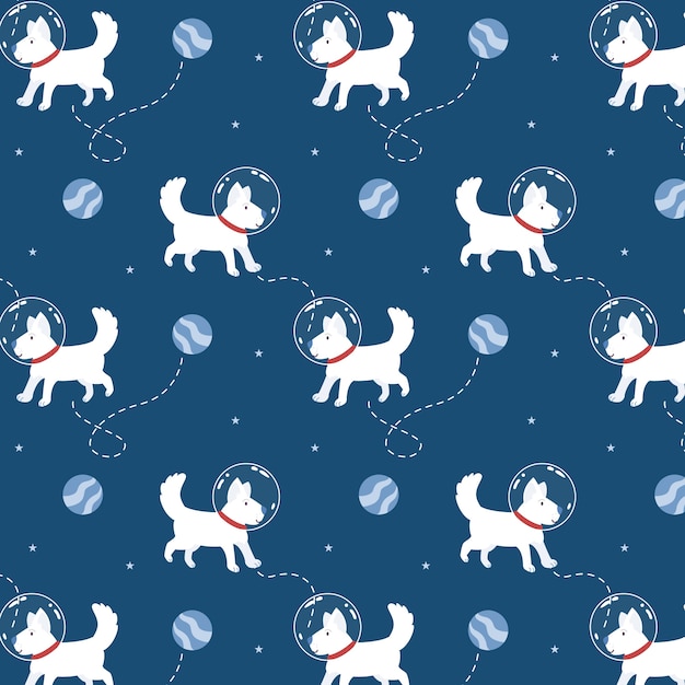 Cute space dog in seamless pattern