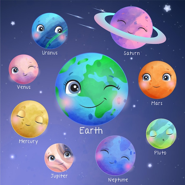 Vector cute space planet in watercolor style illustration set