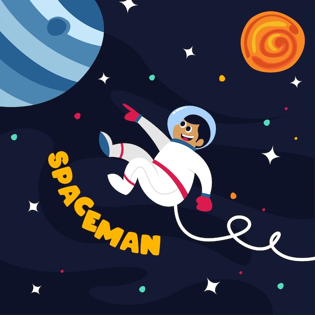Cute spaceman in outer space with some planets and stars