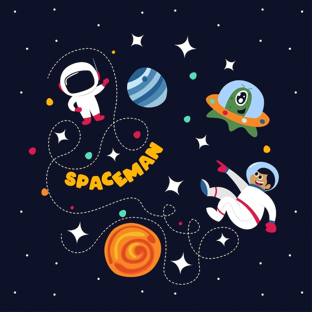 Cute spaceman in outer space with some planets and stars