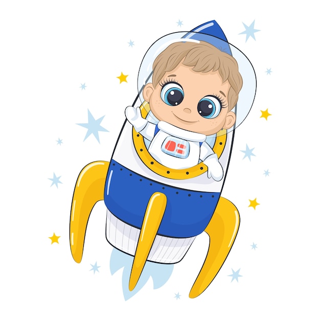 宇宙船と星を持つかわいい宇宙船。