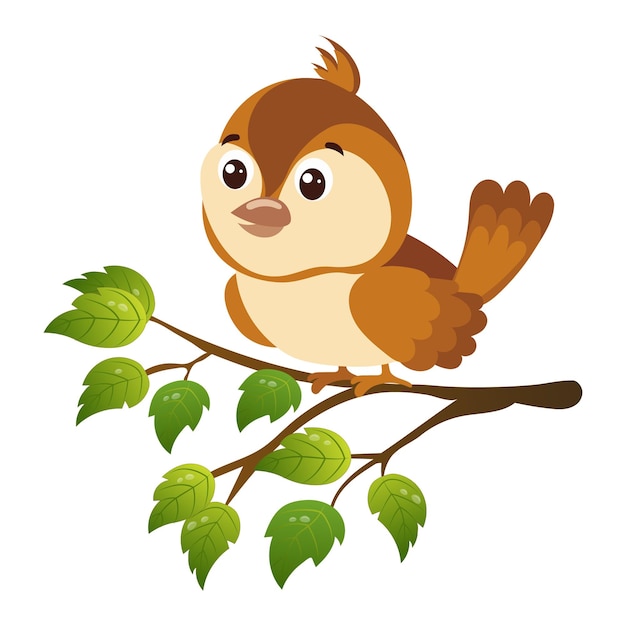 Cute sparrow on a branch with leaves. Banner, postcard, poster, vector