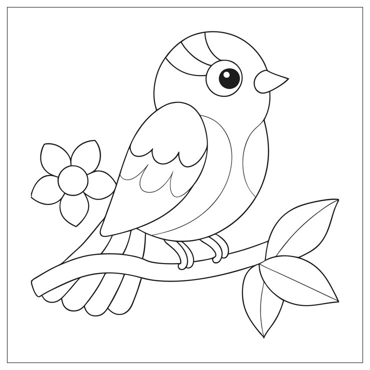 Vector cute sparrow with flowers and leaves line art for coloring pages