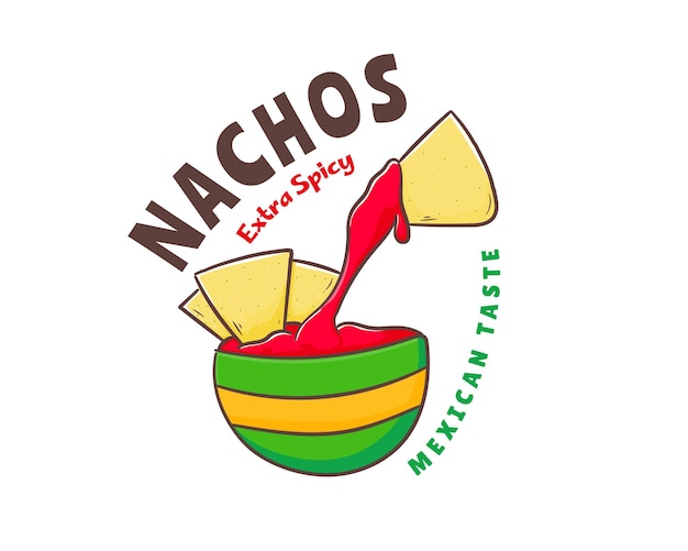 cute spicy nachos and a bowl with hot papper cartoon mascot logo. Mexican food Vector illustration