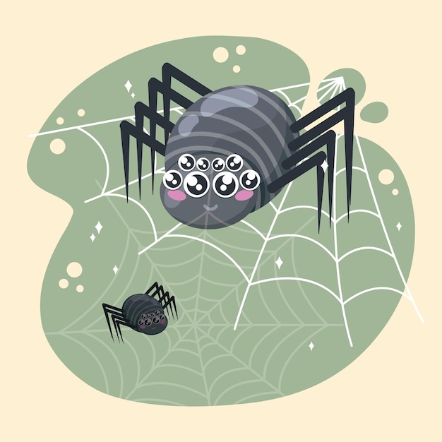 Vector cute spider characters on a spider web vector illustration