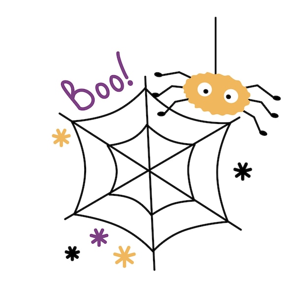 Cute spider and cobweb doodle style illustration Lettering Boo