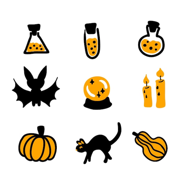Carino spooky halloween vector clipart collection perfetto per tee adesivi poster di cancelleria illustrazione isolata disegnata a mano per arredamento e design