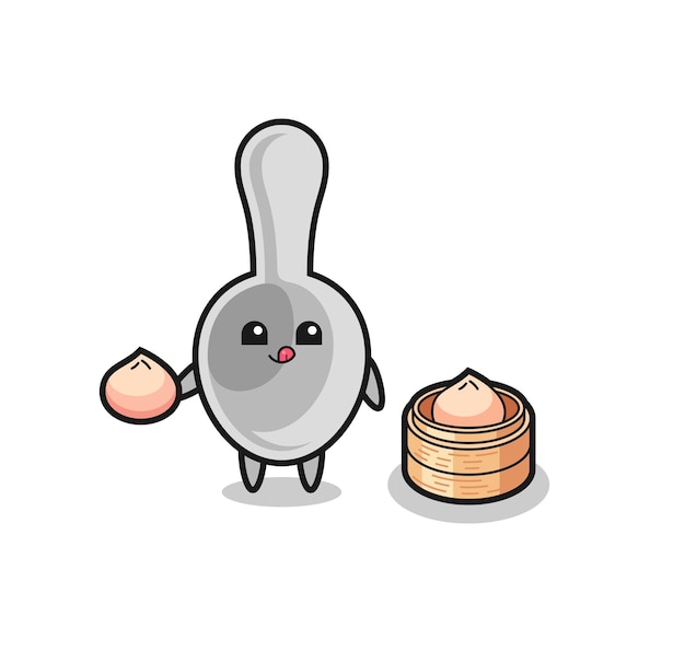 Cute spoon character eating steamed buns