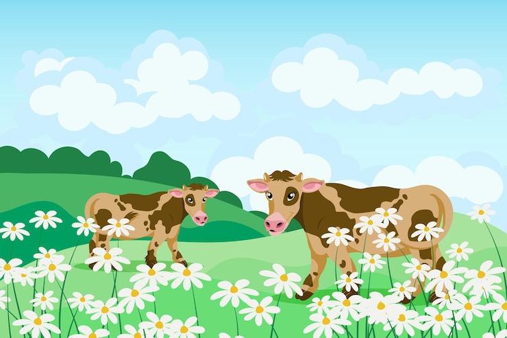 Vector cute spotted cows in a field of daisies summer landscape poster banner illustration vector
