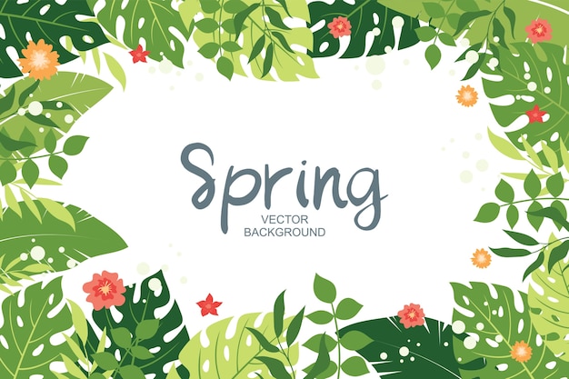 Vector cute spring background with tropical leaves and floral elements, simple and trendy  style