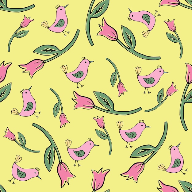 Cute spring birds and flowers seamless vector pattern Perfect for textile wallpaper or print design