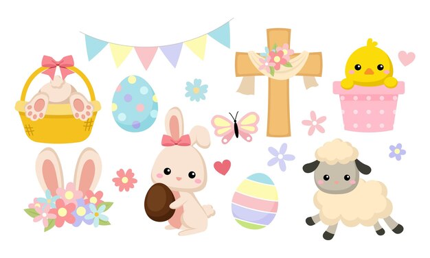 Vector cute spring easter bunny decoration clipart set
