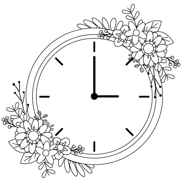 Cute spring forward Sunflower and clock botanical leaf in outline line art style