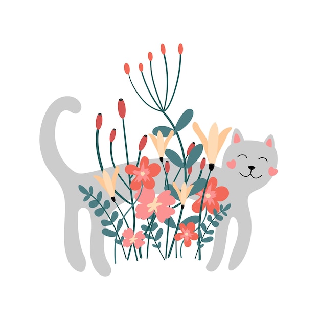 Cute spring illustration in a flat style. Gray cat in bright and varied flowers and twigs.