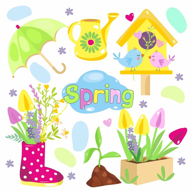 Vector cute spring set garden cartoon design elements umbrella flowers tulips birdhouse birds plants wateri