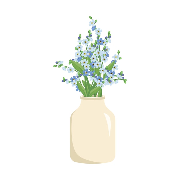 Cute spring and summer bouquet of small blue forget me not flowers with stems and leaves in white vase Interior design Plant shop Vector illustration