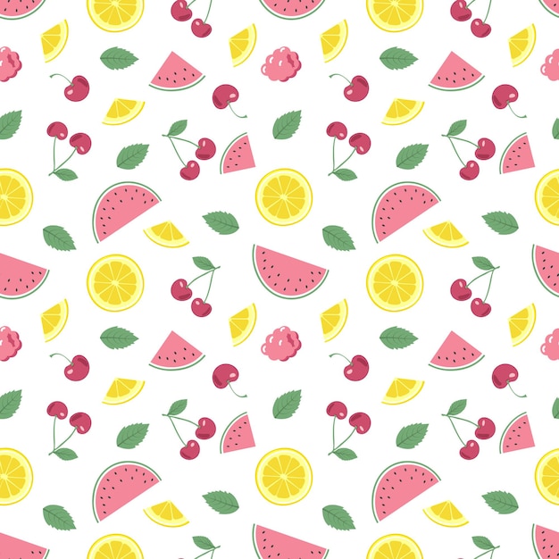 Cute spring or summer seamless pattern with cherries lemons and watermelons