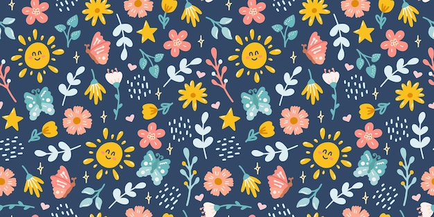 Симпатичный весенний вектор бесшовный узор с солнечными бабочками, цветами и другими растениями на синем фоне