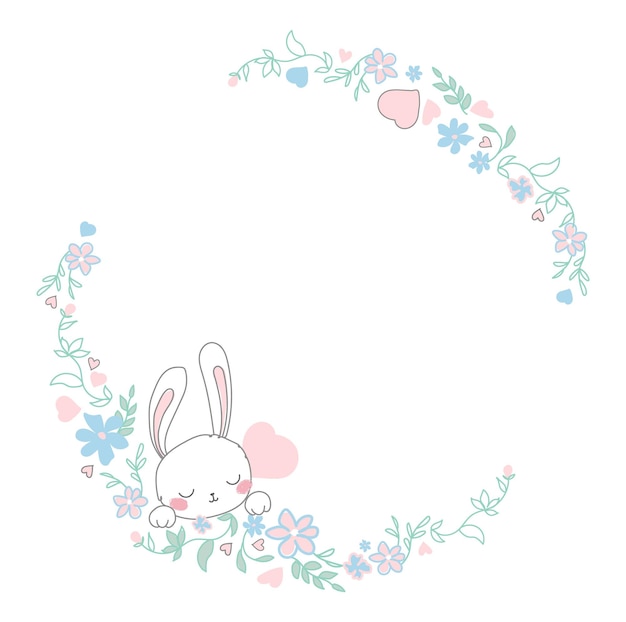 꽃과 부드러운 토끼의 귀여운 봄 화환