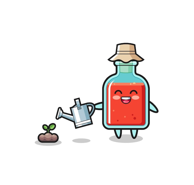 Cute square poison bottle is watering plant seeds