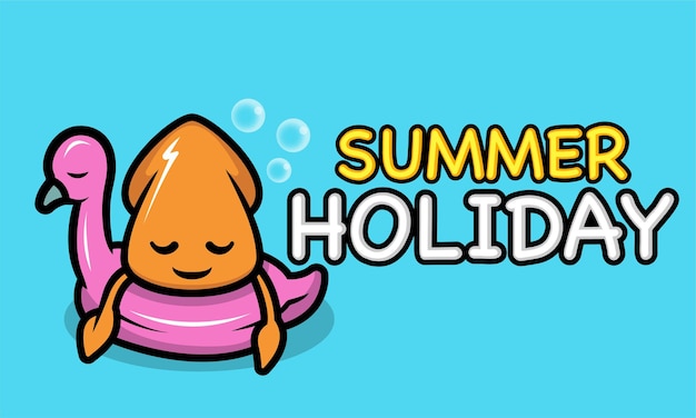 Cute squid in the beach summer holiday banner