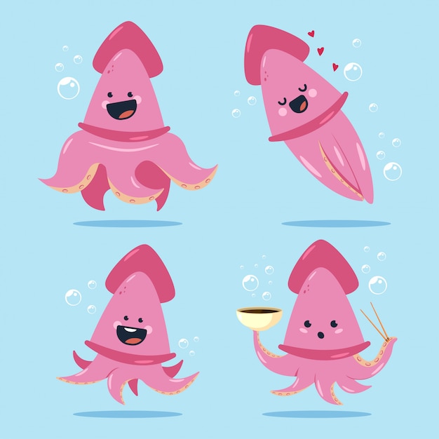 Cute squid cartoon characters set isolated