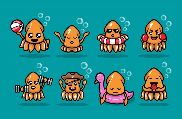 Cute squid mascot design illustration vector template set with isolated background