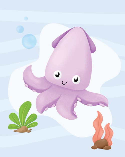 Vector cute squid watercolor