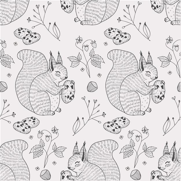 cute squirrel animal with cookies seamless pattern hand drawn