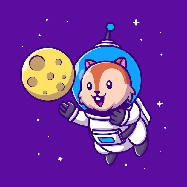 Cute squirrel astronaut with moon cartoon character. animal science isolated