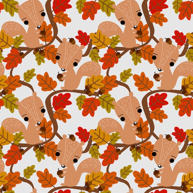 Cute squirrel and autumn leaves seamless pattern.