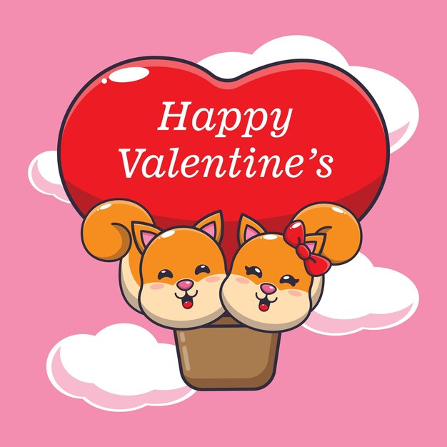 귀여운 다람쥐 만화 캐릭터는 발렌타인 데이에 풍선으로 날아갑니다.