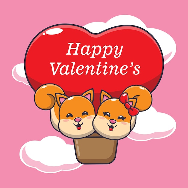 Cute squirrel cartoon character fly with air balloon in valentines day