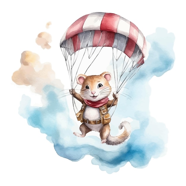 Cute squirrel cartoon flying with parachute in watercolor painting style